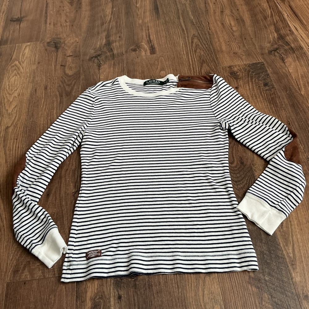 Ralph Lauren Black and White Striped Top with Brown Accents Preppy Old money